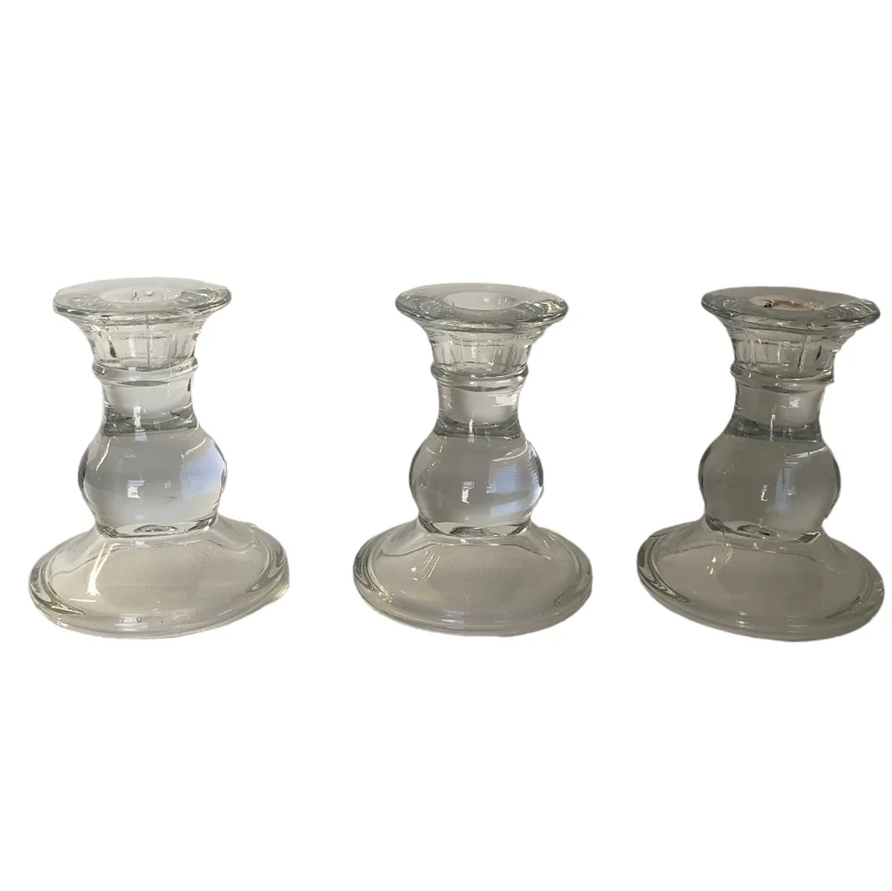 Vintage Leaded Clear Glass Taper Candle Holder Set Of 3